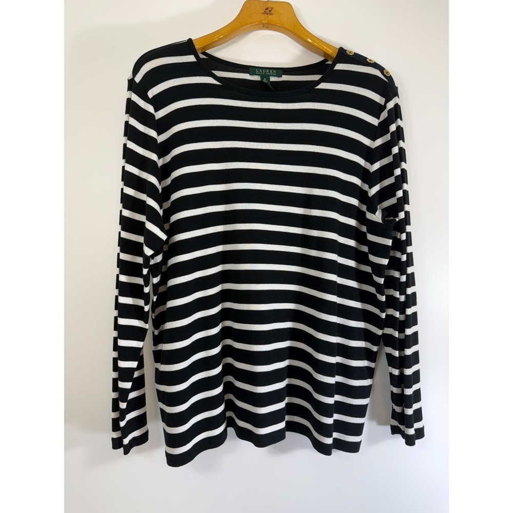 Lauren Ralph Lauren Striped Top Plus 3X Black White Gold Button Shoulder Cotton